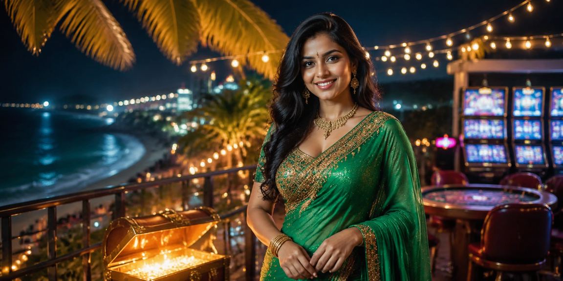 Indian woman in saree enjoying online betting on mobile device