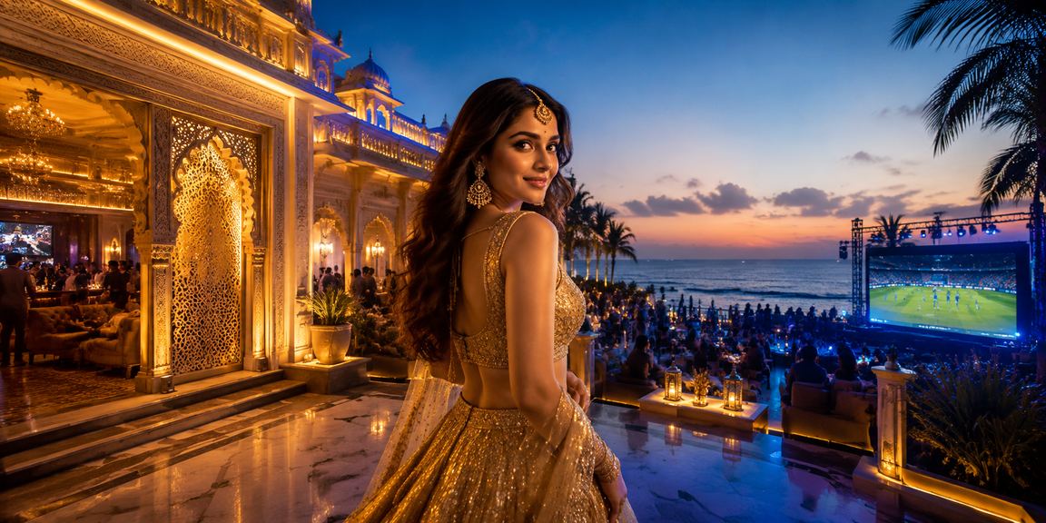 Indian woman playing cricket betting on mobile wearing lehenga