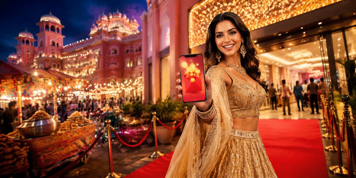 Diwali-themed red envelope bonus promotion with traditional attire in Jaipur